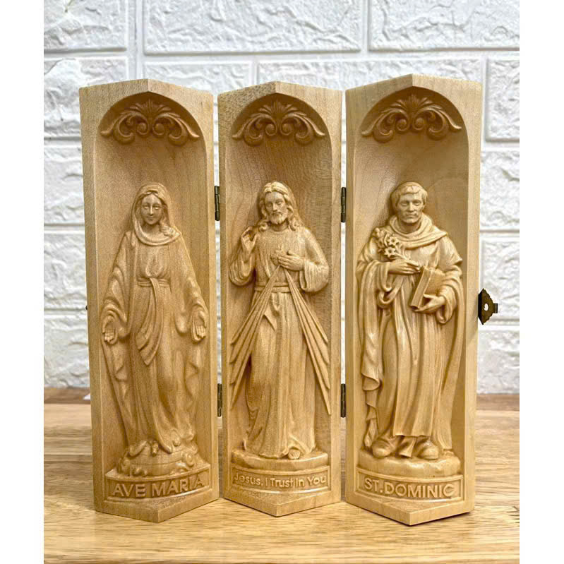 Bộ bàn thờ công giáo mini Đức mẹ Ban Ơn - Chúa Thương Xót -Thánh Dominic, cao 20cm, gỗ Maple