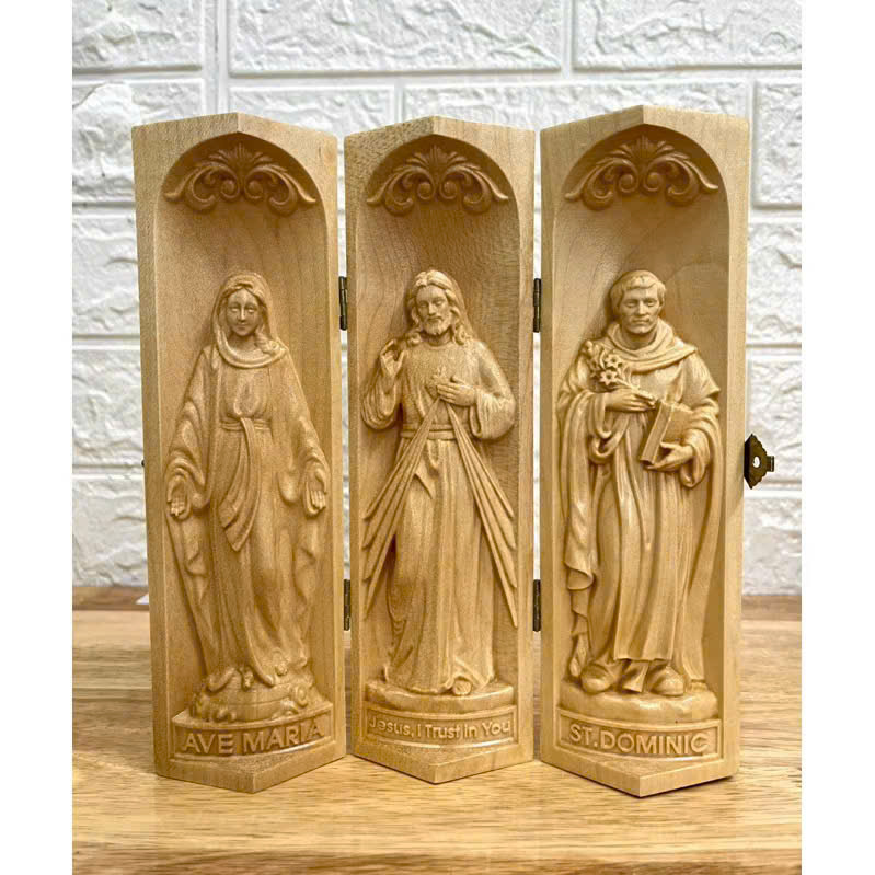 Bộ bàn thờ công giáo mini Đức mẹ Ban Ơn - Chúa Thương Xót -Thánh Dominic, cao 20cm, gỗ Maple