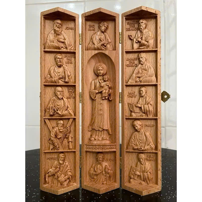 Bộ tượng công giáo Đức mẹ La Vang và các Thánh Tông Đồ, cao 25cm, gỗ Beech