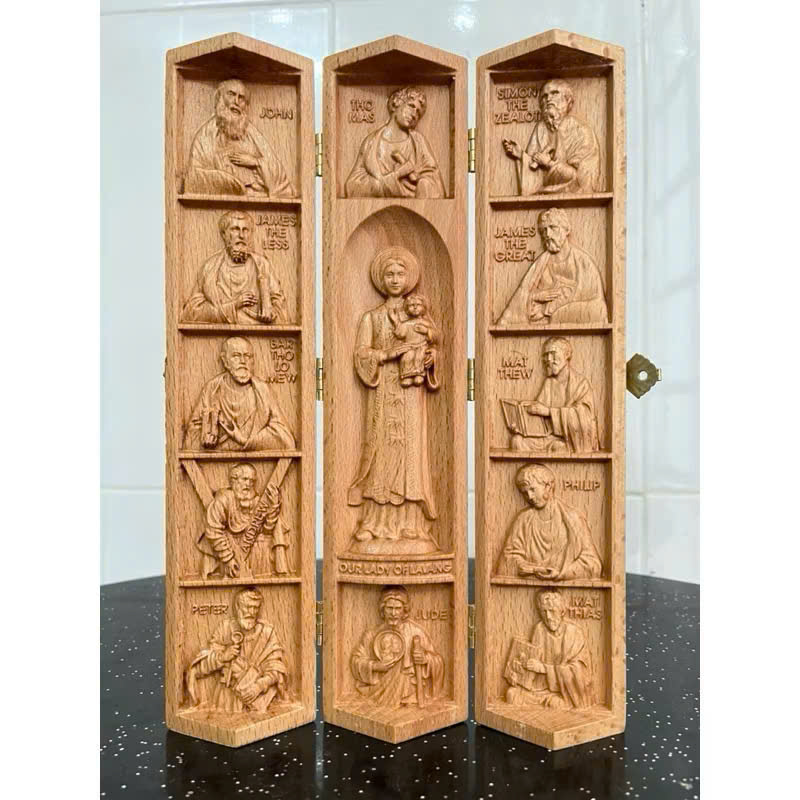 Bộ tượng công giáo Đức mẹ La Vang và các Thánh Tông Đồ, cao 25cm, gỗ Beech