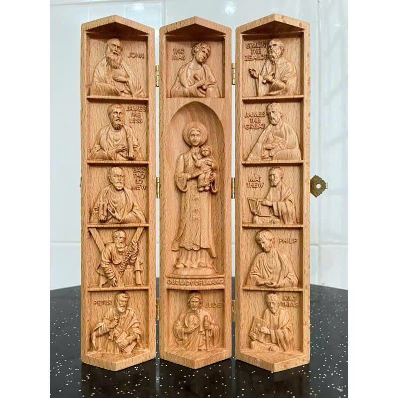 Bộ tượng công giáo Đức mẹ La Vang và các Thánh Tông Đồ, cao 25cm, gỗ Beech