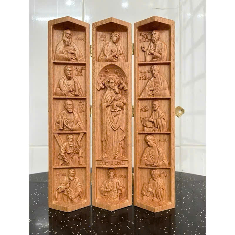 Bộ tượng công giáo Đức mẹ Hằng Cứu Giúp và các Thánh Tông Đồ, cao 25cm, gỗ Beech