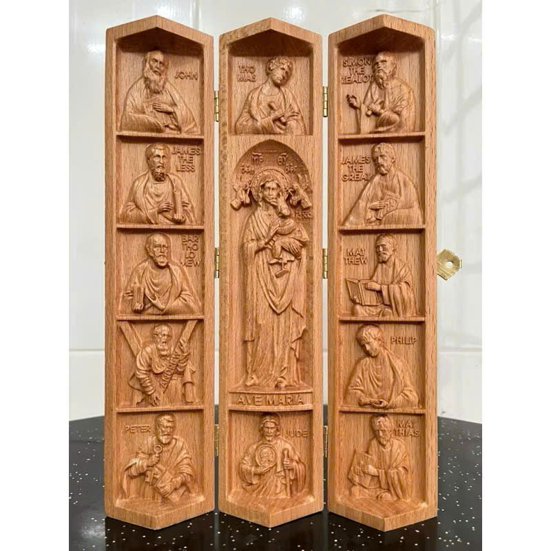 Bộ tượng công giáo Đức mẹ Hằng Cứu Giúp và các Thánh Tông Đồ, cao 25cm, gỗ Beech