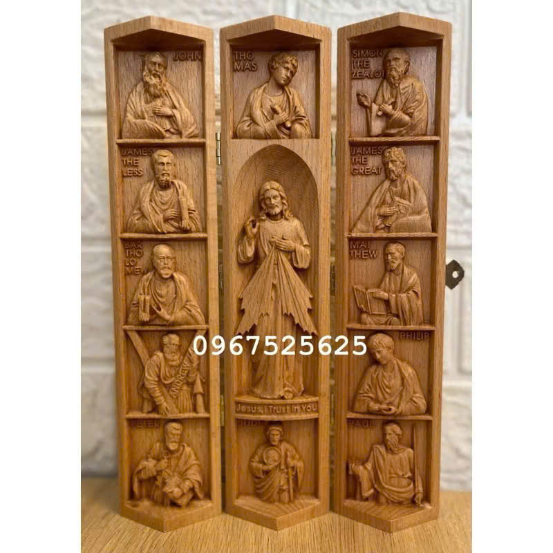 Bộ tượng công giáo Chúa Thương Xót và các Thánh Tông Đồ, cao 25cm, gỗ Beech