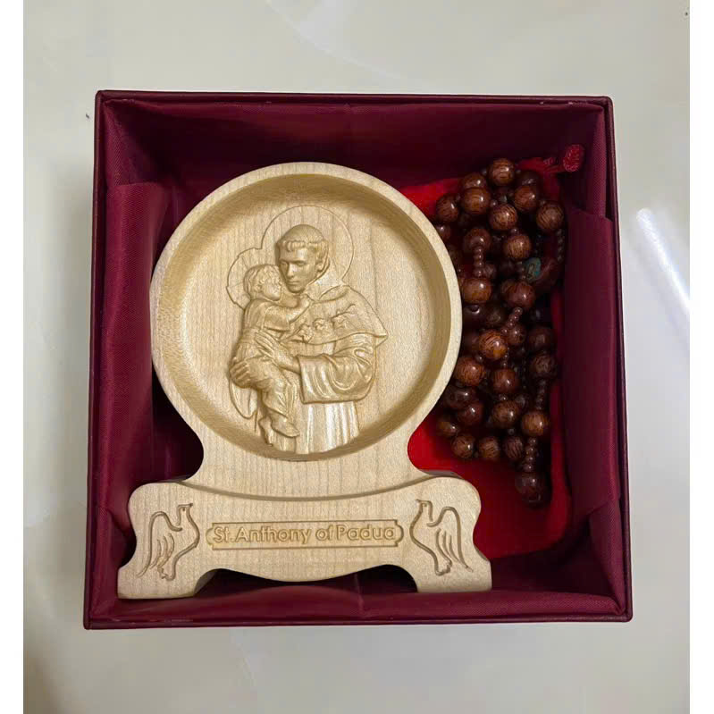 PHÙ ĐIÊU ĐỂ BÀN THÁNH AN TÔN (St. Anthony of Padua), CAO 12CM, GỖ MAPLE