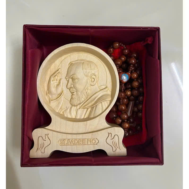 PHÙ ĐIÊU ĐỂ BÀN THÁNH PADRE PIO  (Saint Padre Pio), CAO 12CM, GỖ MAPLE