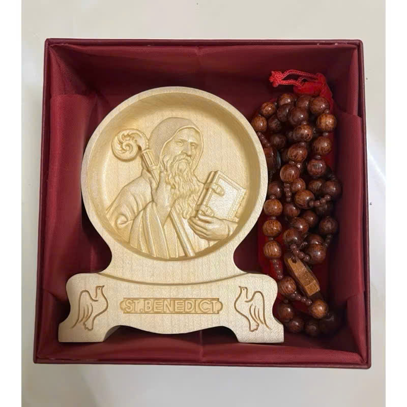 PHÙ ĐIÊU ĐỂ BÀN THÁNH BENEDICT (Saint Benedict ), CAO 12CM, GỖ MAPLE