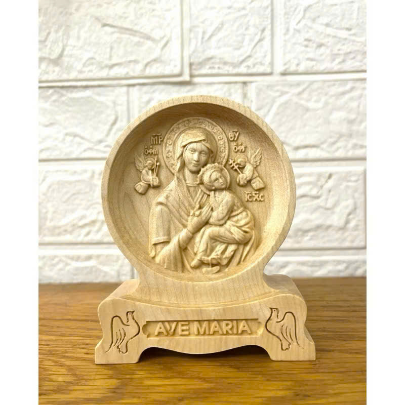 PHÙ ĐIÊU ĐỨC MẸ HẰNG CỨU GIÚP CHẠM 2 MẶT GIỐNG NHAU ĐỂ Ô TÔ, CAO 12CM, GỖ MAPLE