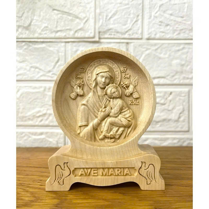 PHÙ ĐIÊU ĐỂ BÀN ĐỨC MẸ HẰNG CỨU GIÚP (Our Lady of Perpetual Help), CAO 12CM, GỖ MAPLE
