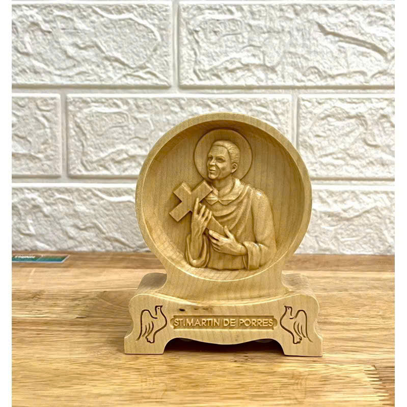 PHÙ ĐIÊU ĐỂ BÀN THÁNH MARTIN (Saint Martin de Porres), CAO 12CM, GỖ MAPLE