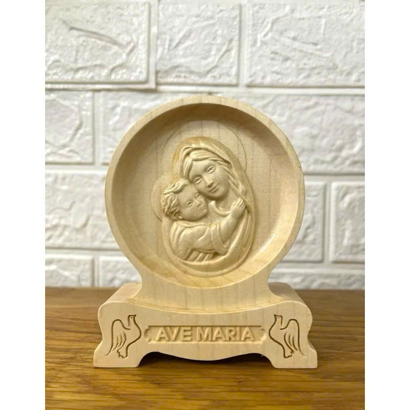 PHÙ ĐIÊU ĐỂ BÀN ĐỨC MẸ BẾ CHÚA (Virgin Mary – Mother of God with the Child Jesus), CAO 12CM, GỖ MAPLE