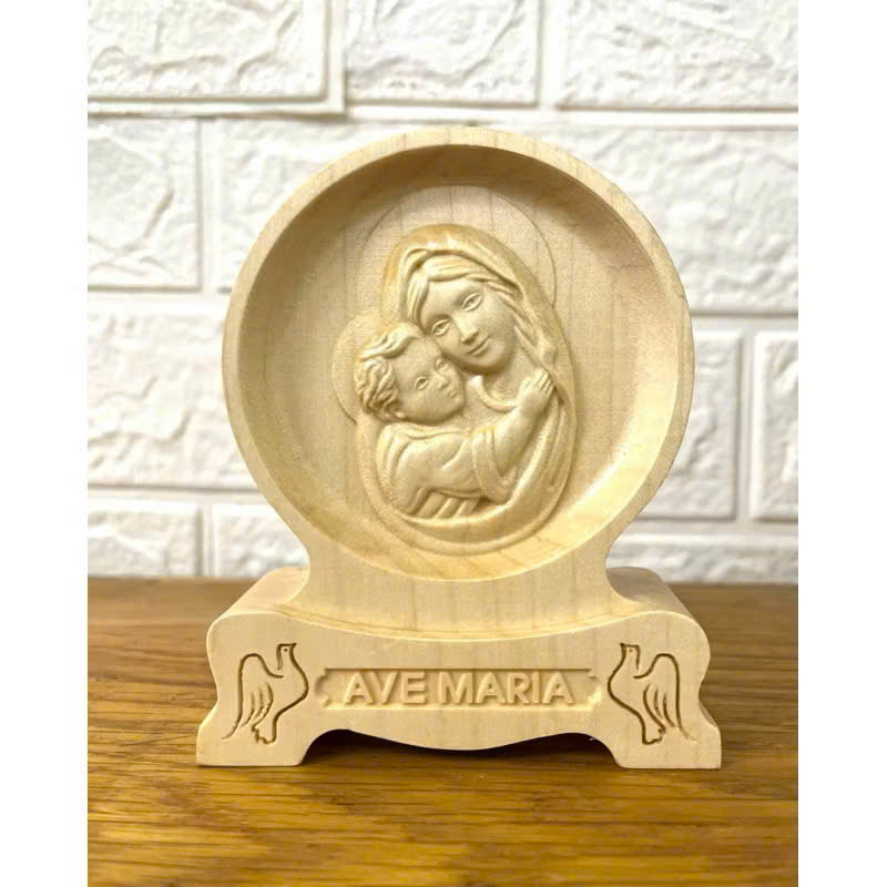 PHÙ ĐIÊU ĐỂ BÀN ĐỨC MẸ BẾ CHÚA (Virgin Mary – Mother of God with the Child Jesus), CAO 12CM, GỖ MAPLE