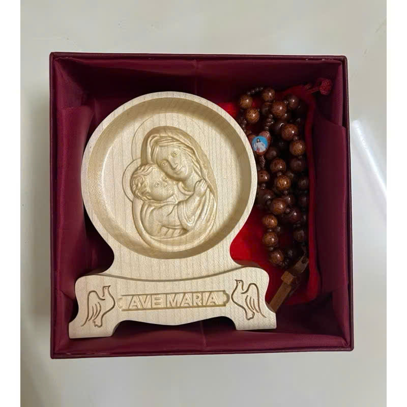 PHÙ ĐIÊU ĐỂ BÀN ĐỨC MẸ BẾ CHÚA (Virgin Mary – Mother of God with the Child Jesus), CAO 12CM, GỖ MAPLE