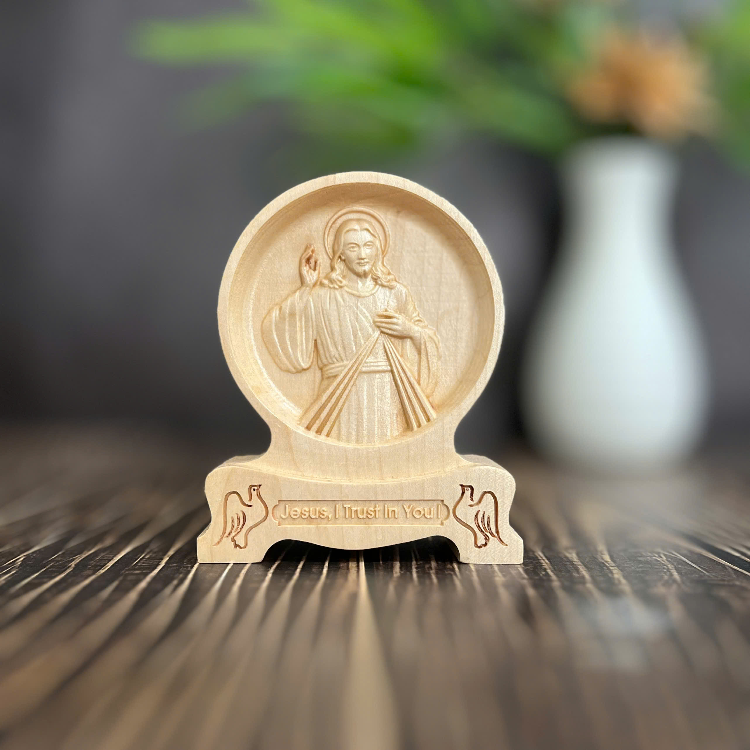 PHÙ ĐIÊU ĐỂ BÀN ĐỨC CHÂN DUNG CHÚA THƯƠNG XÓT (Divine Mercy – Jesus of Mercy), CAO 12CM, GỖ MAPLE
