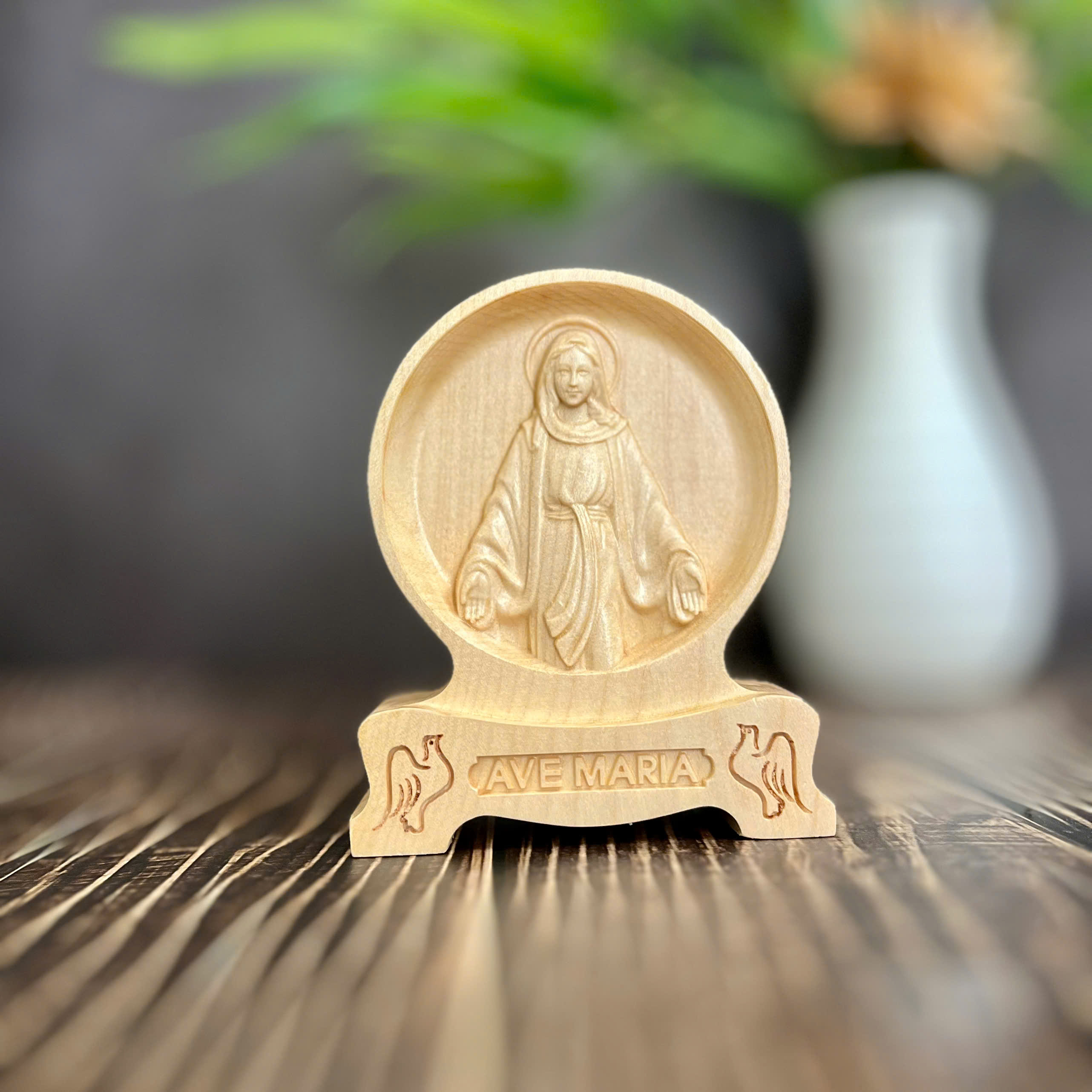 PHÙ ĐIÊU ĐỂ BÀN ĐỨC CHÂN DUNG ĐỨC MẸ BAN ƠN, CAO 12CM, GỖ MAPLE