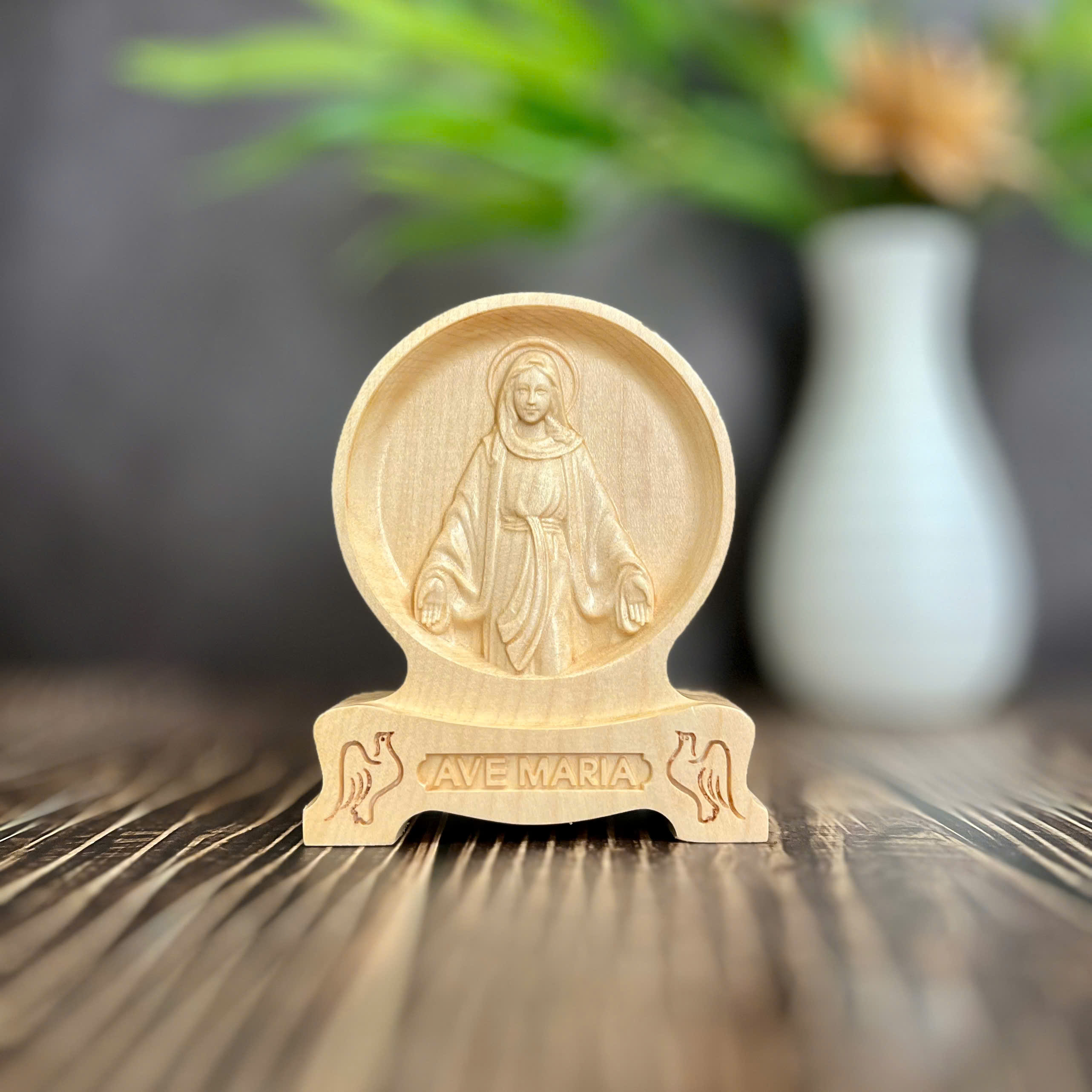 PHÙ ĐIÊU ĐỂ BÀN ĐỨC CHÂN DUNG ĐỨC MẸ BAN ƠN, CAO 12CM, GỖ MAPLE