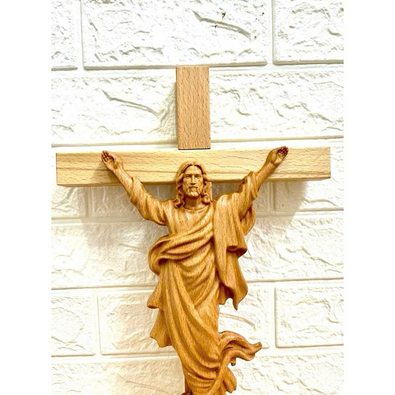 TƯỢNG CHÚA KHẢI HOÀN (Triumphant Christ Statue), CAO 20CM, THÁNH GIÁ 35CM, GỖ BEECH
