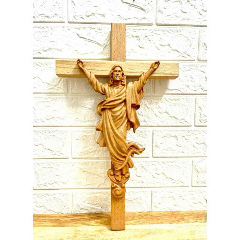 TƯỢNG CHÚA KHẢI HOÀN (Triumphant Christ Statue), CAO 20CM, THÁNH GIÁ 35CM, GỖ BEECH