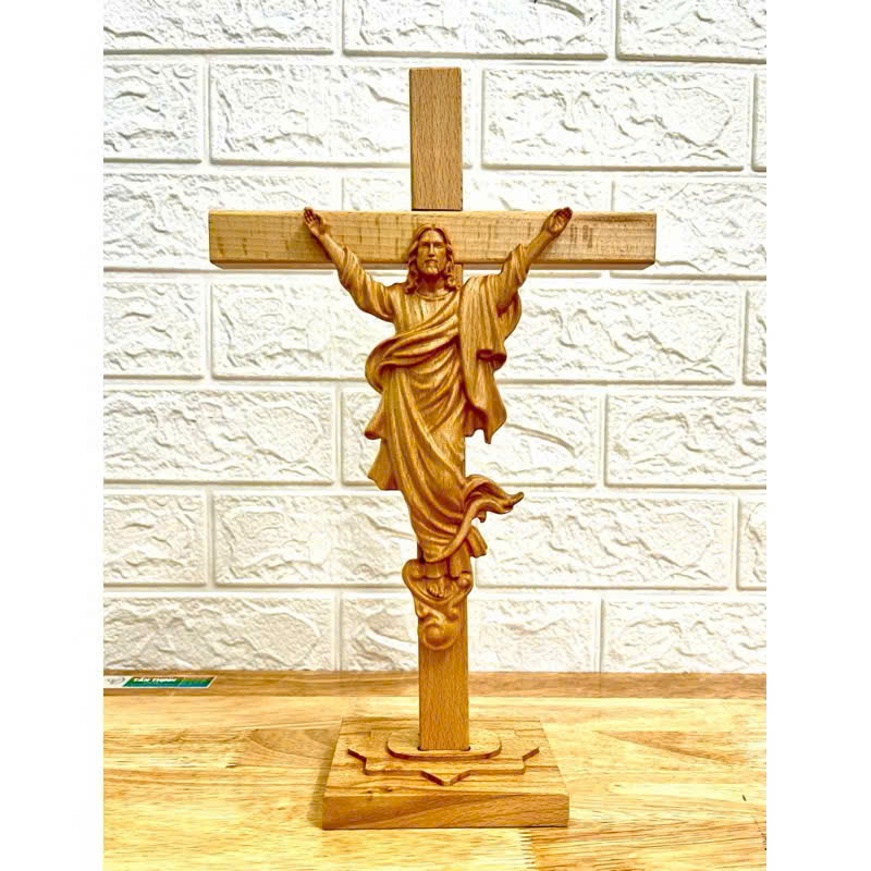TƯỢNG CHÚA KHẢI HOÀN (Triumphant Christ Statue), CAO 25CM, THÁNH GIÁ 45CM CÓ ĐẾ GỖ BEECH