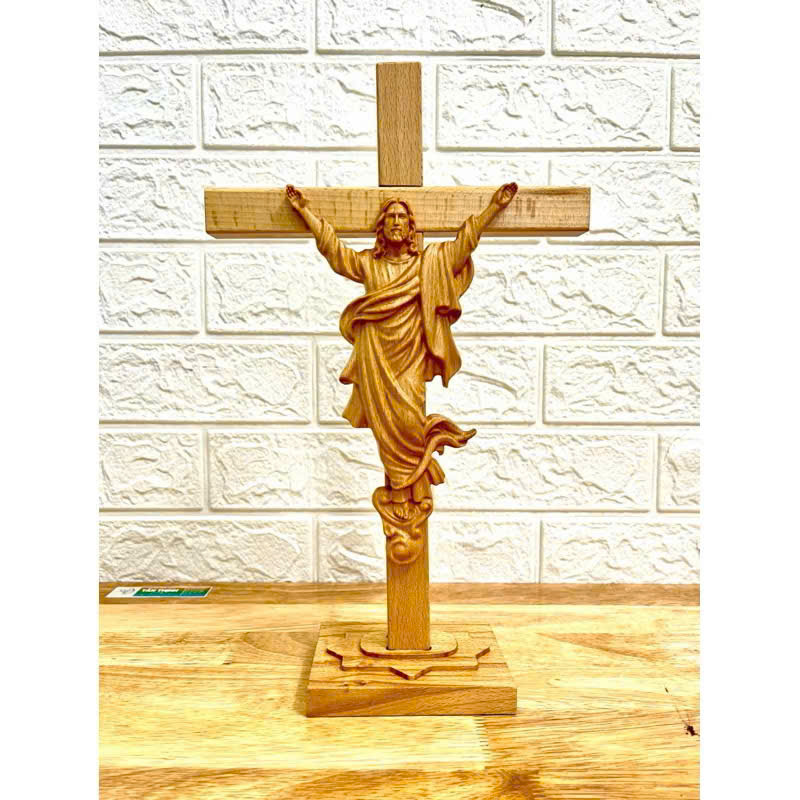 TƯỢNG CHÚA KHẢI HOÀN (Triumphant Christ Statue), CAO 20CM, THÁNH GIÁ 35CM CÓ ĐẾ GỖ BEECH