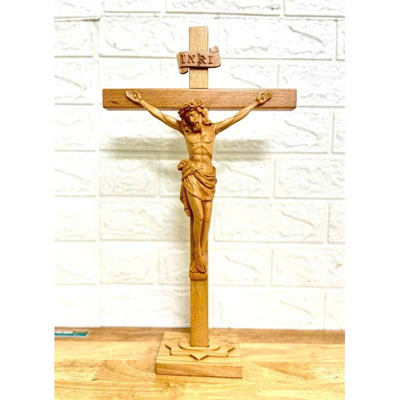 TƯỢNG CHÚA CHỊU NẠN,  CAO 25CM, THÁNH GIÁ 45CM CÓ ĐẾ, GỖ BEECH