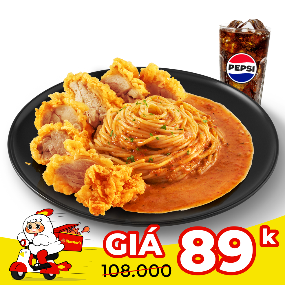 Spaghetti crispy chicken tomyum sauce + Pepsi