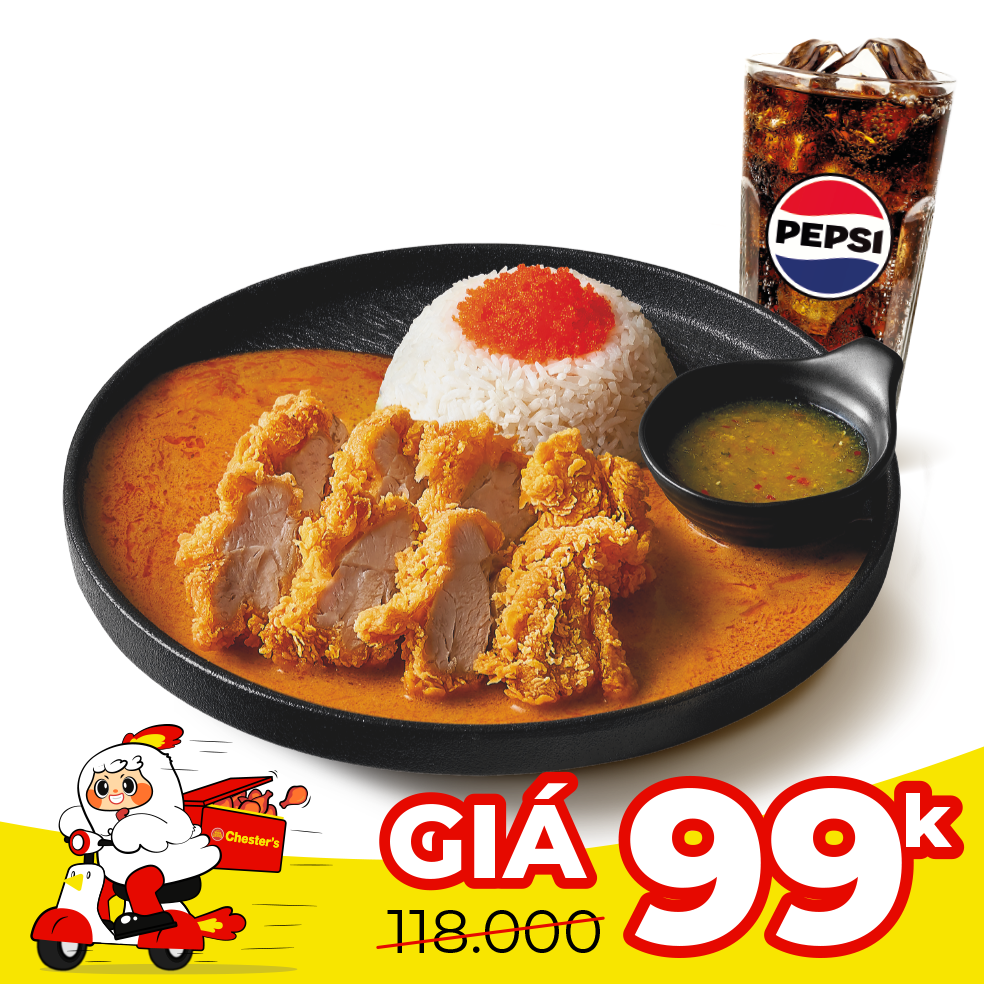 Rice with crispy chicken Chester's crab sauce + Pepsi