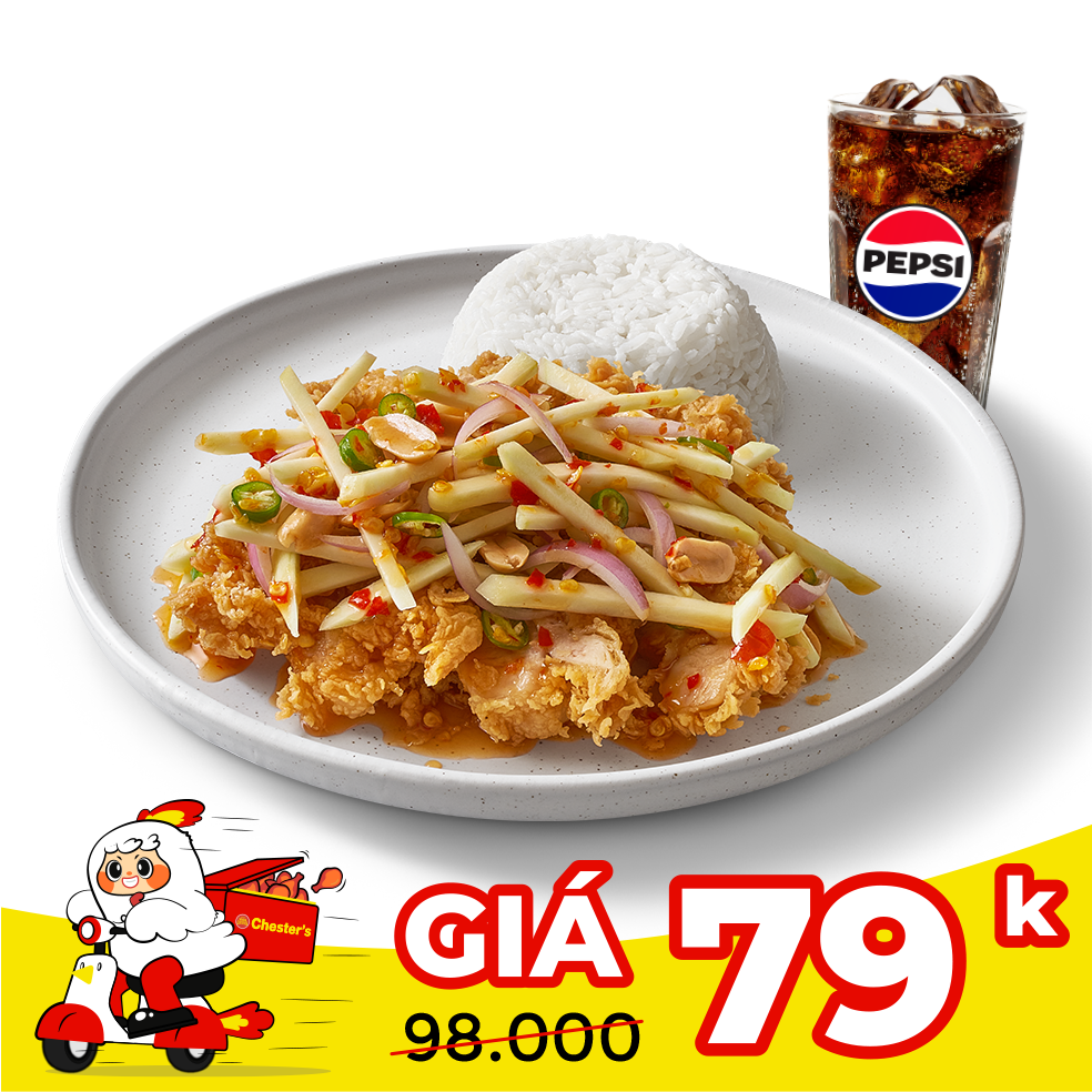 Rice with crispy chicken spicy mango salad + Pepsi