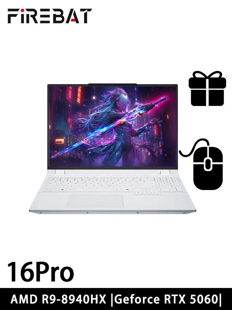 Laptop Gaming FIREBAT 16 pro 16", AMD Ryzen 9 8940HX, RAM 16 GB, SSD, NVIDIA GeForce RTX 5060 dành cho máy tính xách tay (8 GB), Windows Pro, (16Pro), màu trắng, giao diện tiếng Anh