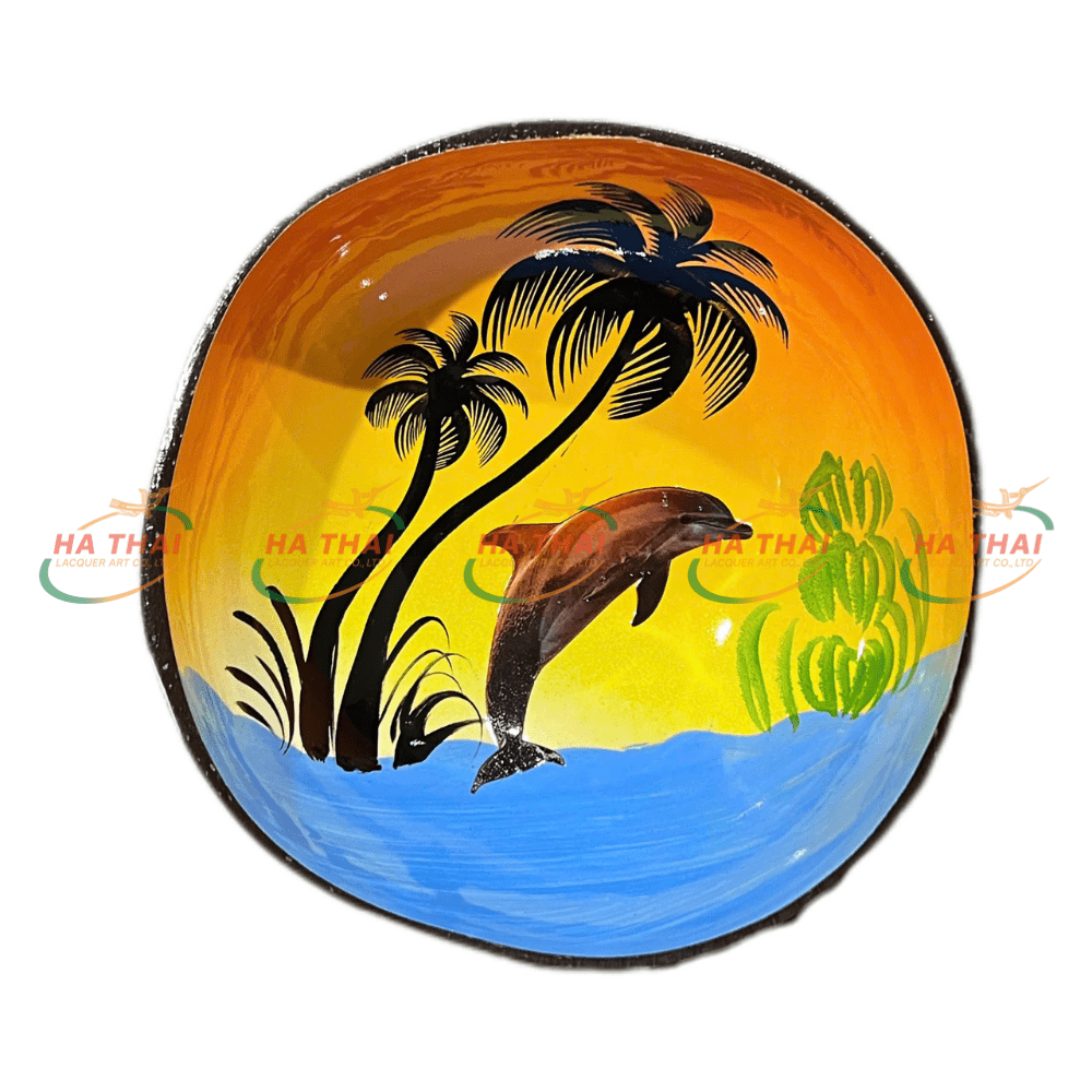 Coconut Shell Bowl With Gorgeous Sunset and Dolphins (CB075)