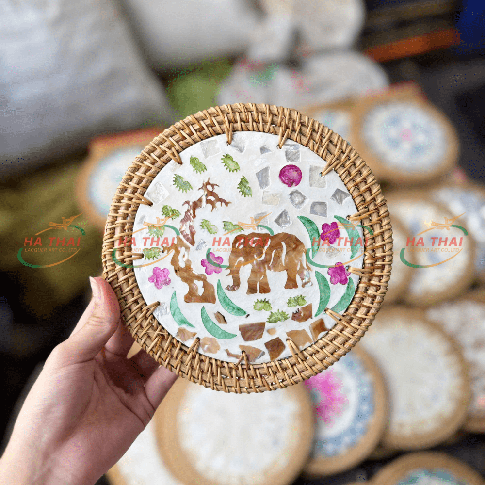 Mother of Pearl Coaster with Elephant in a Garden Pattern (MPC17)