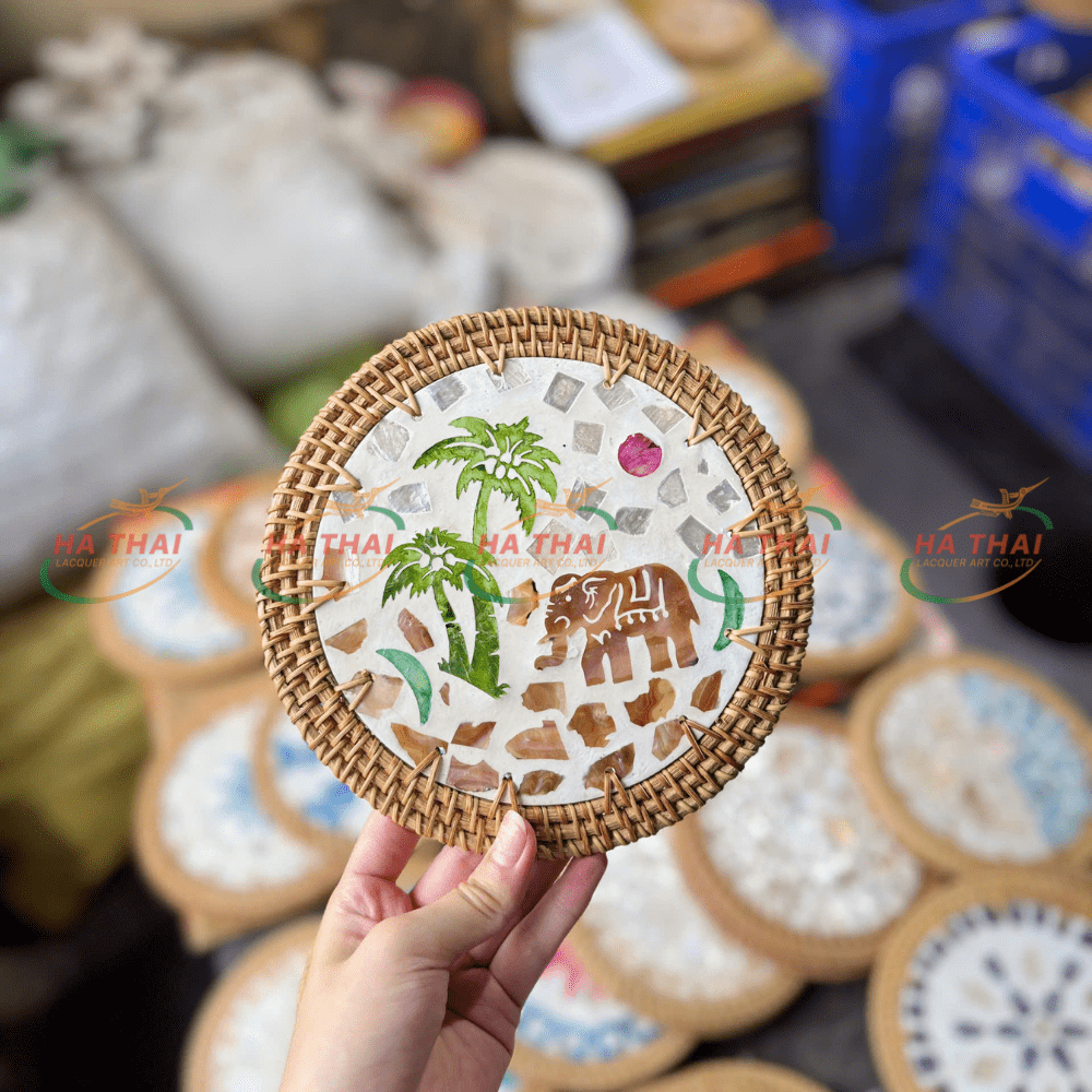 Mother-of-Pearl Coaster with Elephant Under Coconut Tree Pattern (MPC18)