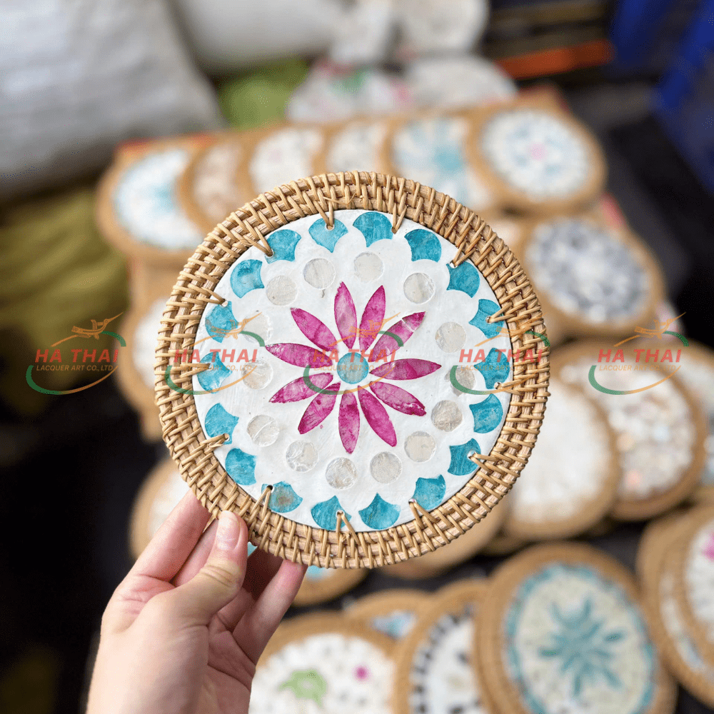 Red Floral Mother-of-Pearl Coaster with Blue Border (MPC11)