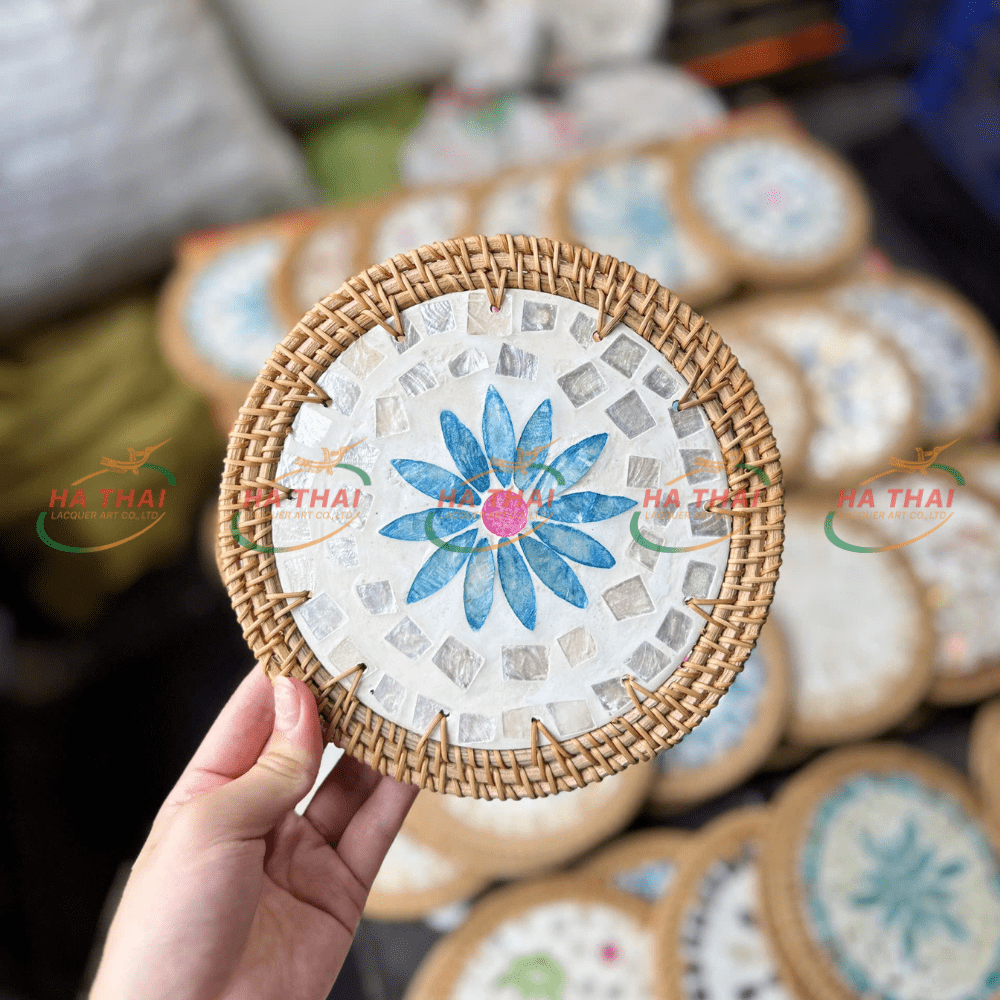 Mother of Pearl Coaster with Blue Floral Pattern and White Square Border