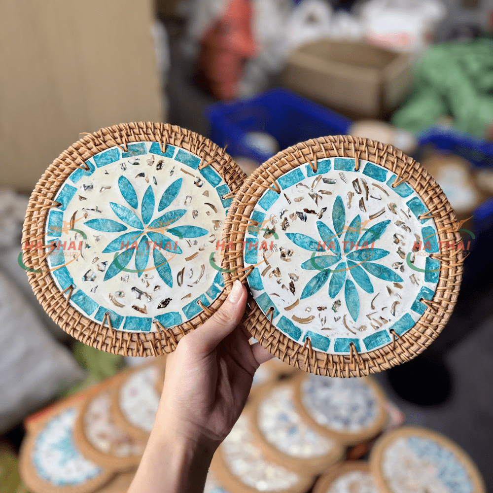 Large Coaster with Blue Mother-of-Petal and Multi-Petal Flower Inlay (MPC03)