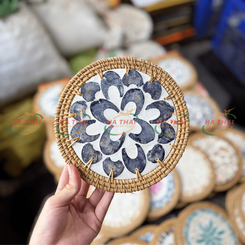 Large Coaster with Mother of Pearl Inlay and Black Floral Pattern (MPC22)
