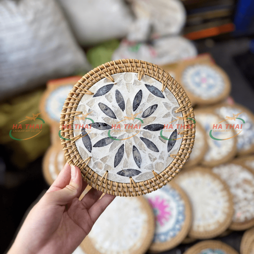 Trendy Large Mother-of-Pearl Coaster with Black Flowers and Gold Stamens
