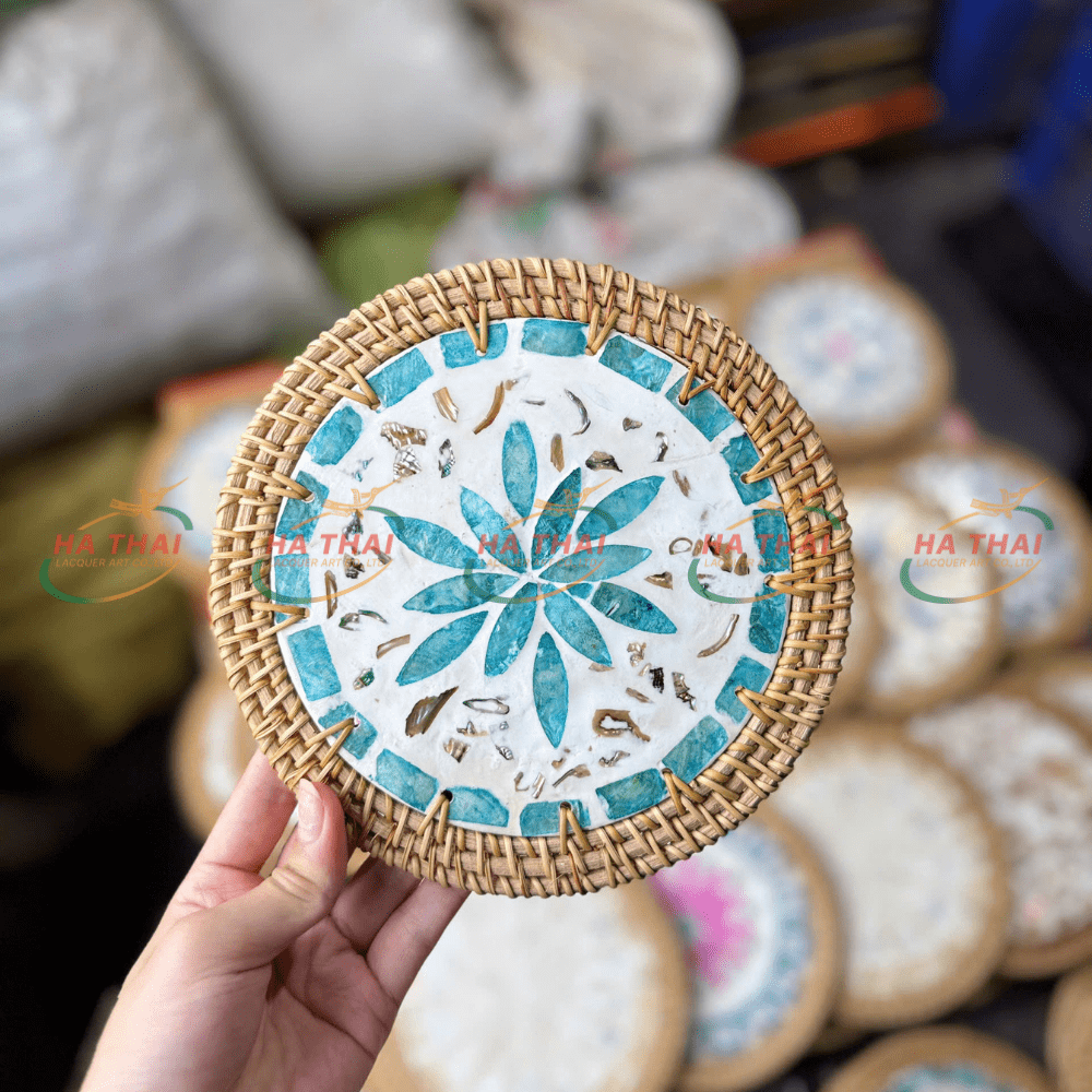 Large Coaster with Mother of Pearl Inlay and Blue Flowers and Blue Border