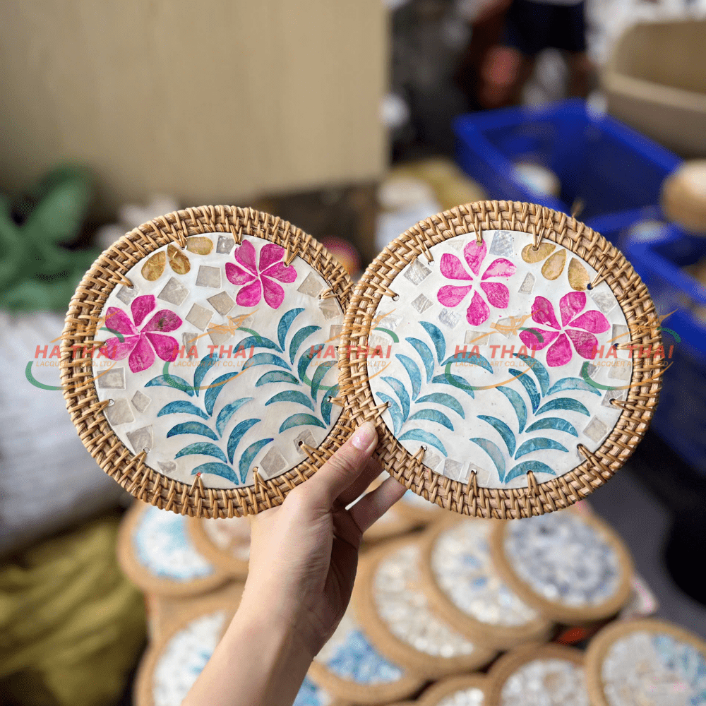 Wholesale Large Mother Of Pearl Coasters With 2 Flowers (MPC04)