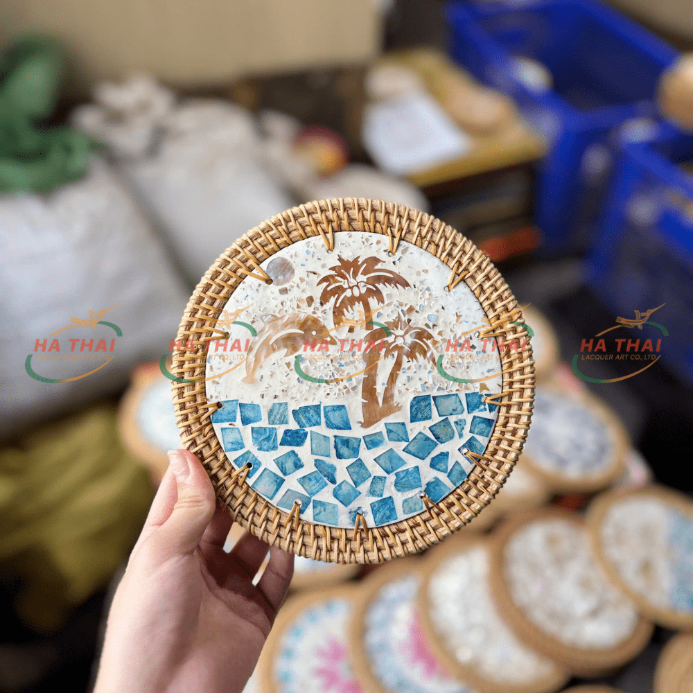 Mother of Pearl Coaster with Blue Seascape Pattern (MPC14)