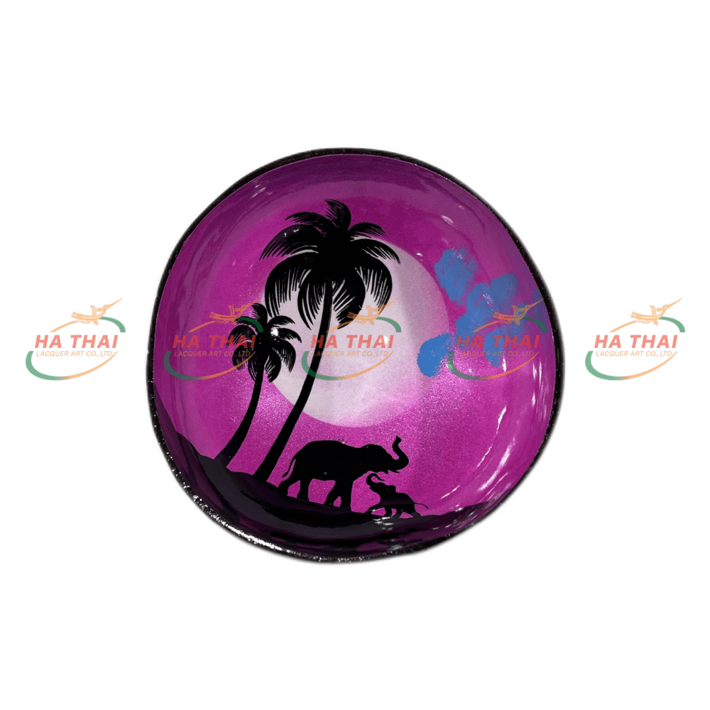 Eco-Chic Coconut Shell Lacquer Bowl With Sunset Landscape (CB095)