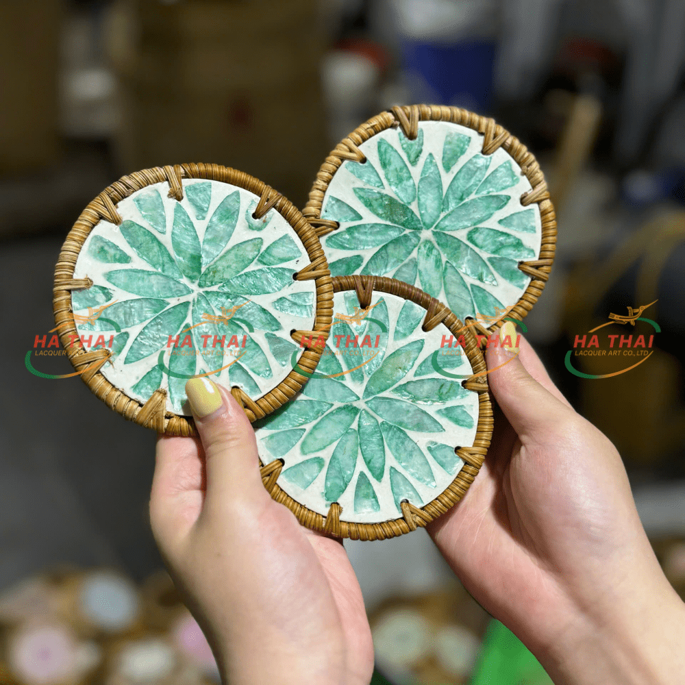 Beautiful Green Floral Inlaid Mother-of-Pearl Coaster (HC018)