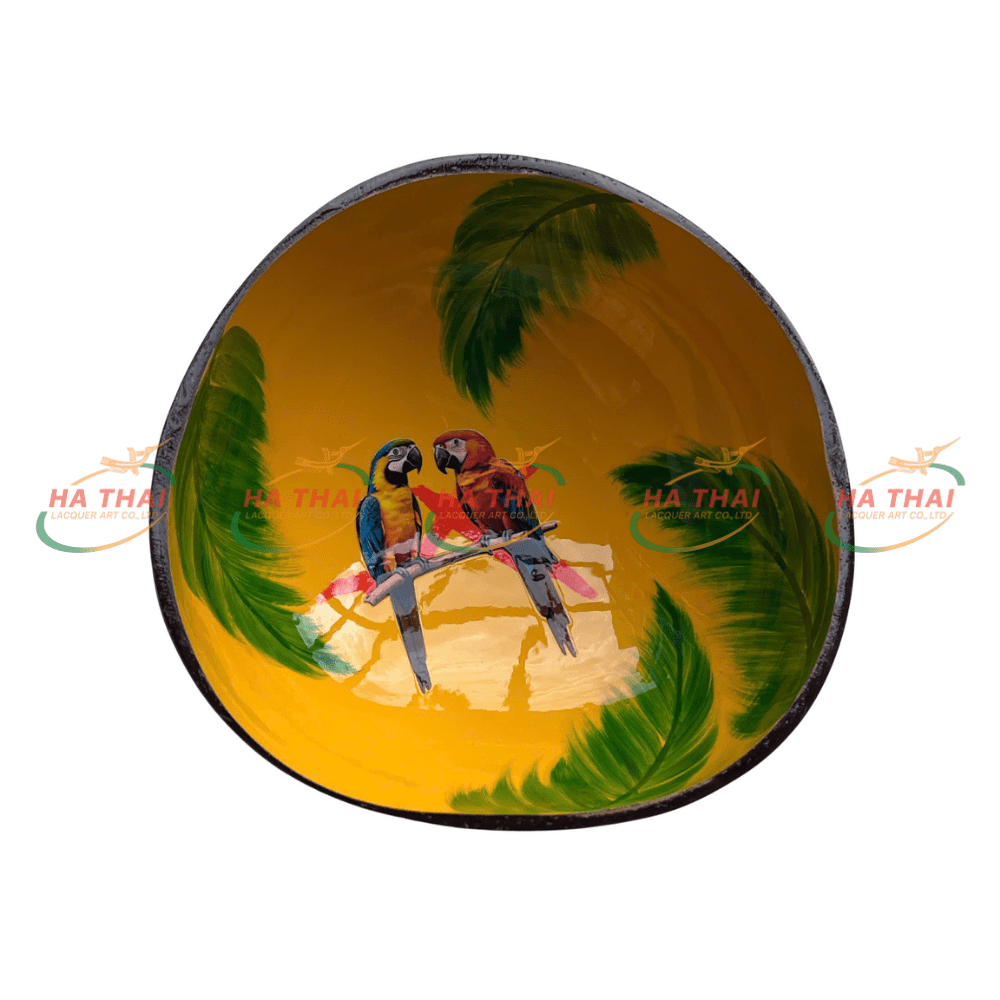 Handmade Lacquer Coconut Bowl With Parrot (CB091)