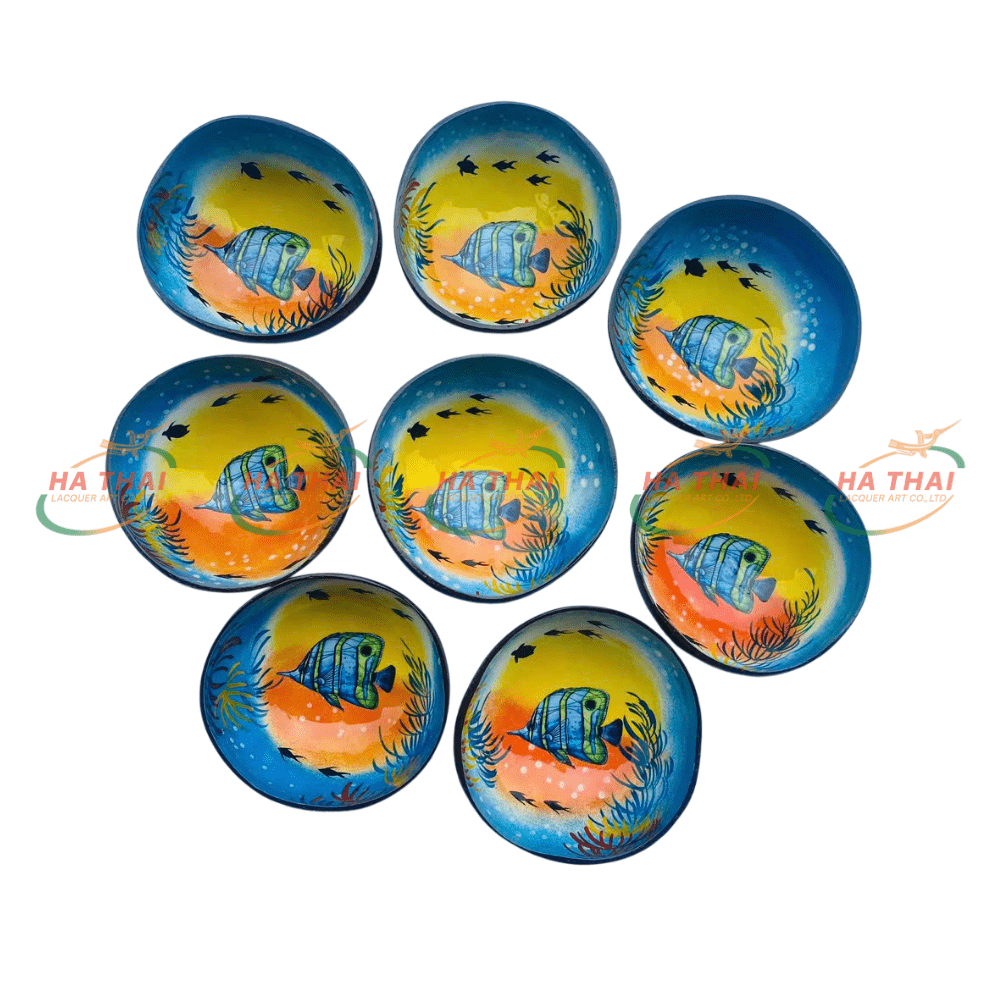 Hand Painted Coconut Shell Bowl with Ocean and Fish Design (CB064)