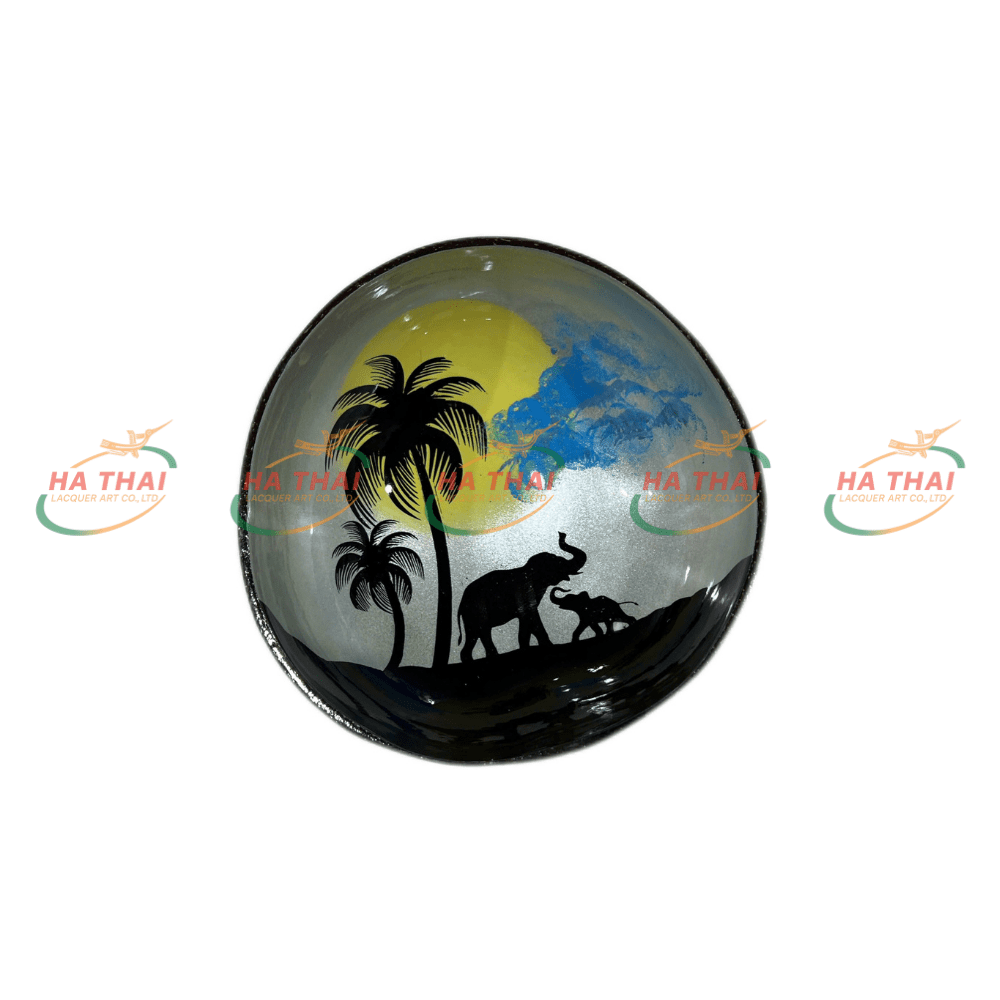 Eco-Chic Coconut Shell Lacquer Bowl With Sunset Landscape (CB095)