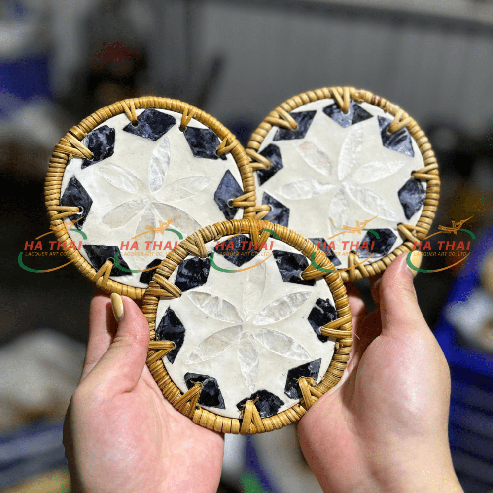 White Floral Inlaid Coaster with Black Border (HC019)