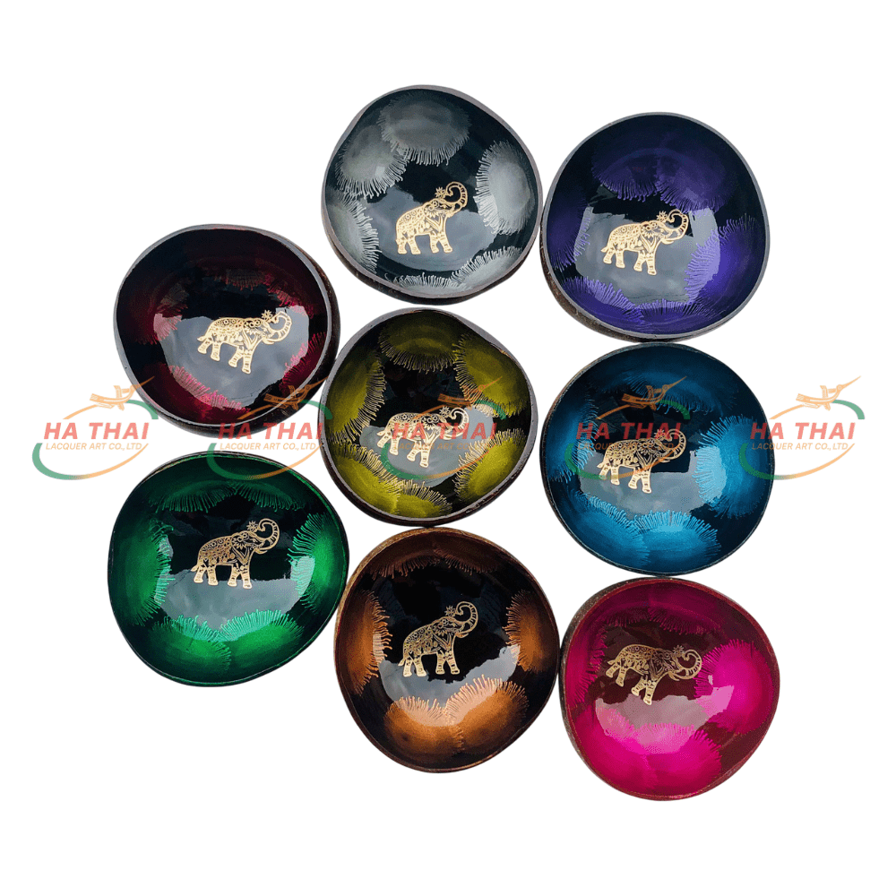 Beautiful coconut bowl with Thai golden elephant image (CB014)