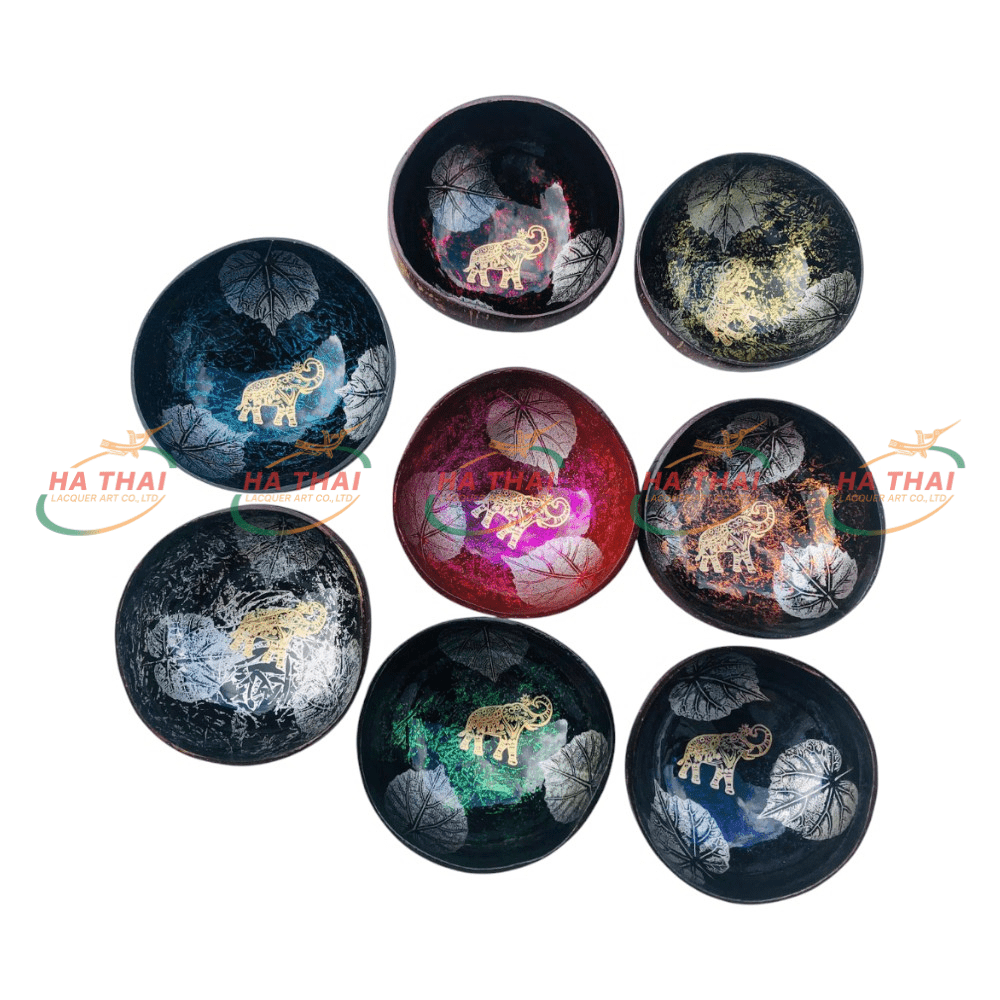 Lacquered Coconut Bowl with Gold Leaf Art - CB016