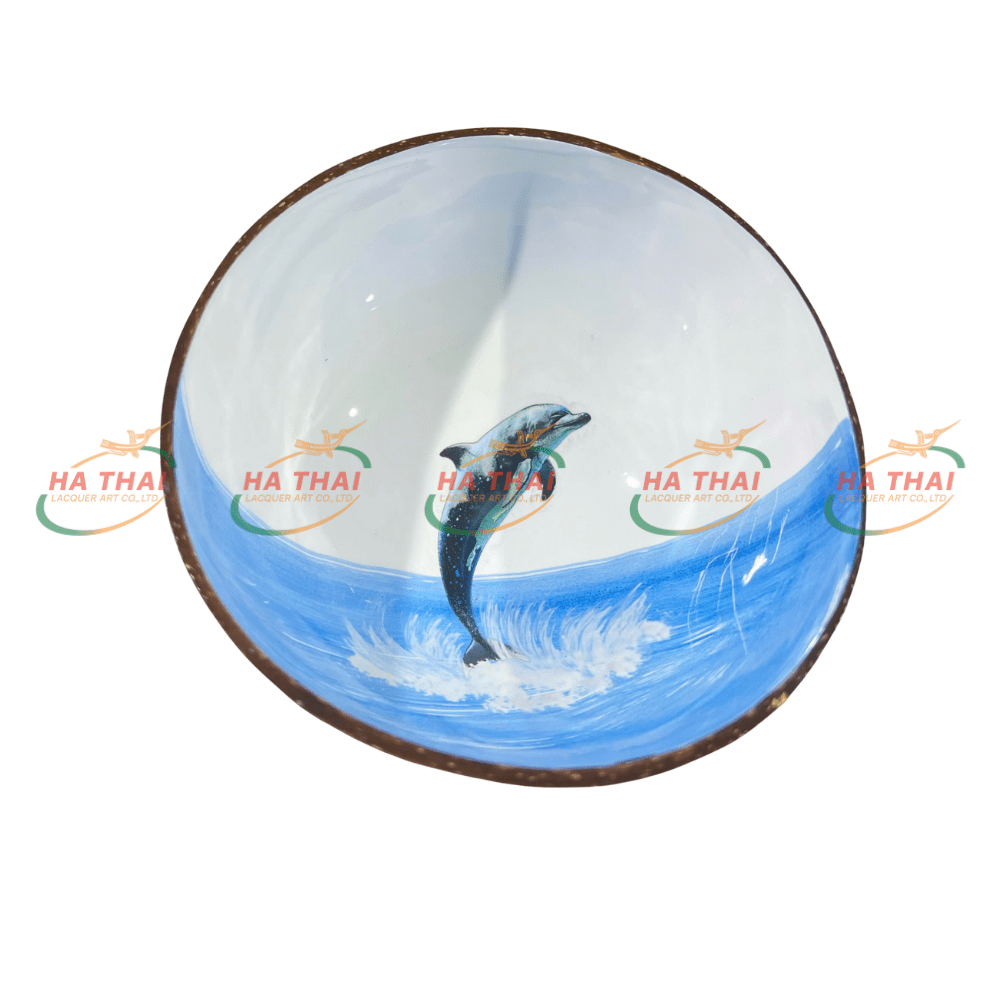 Ocean Wave and Dolphin Art Coconut Bowl (CB019)