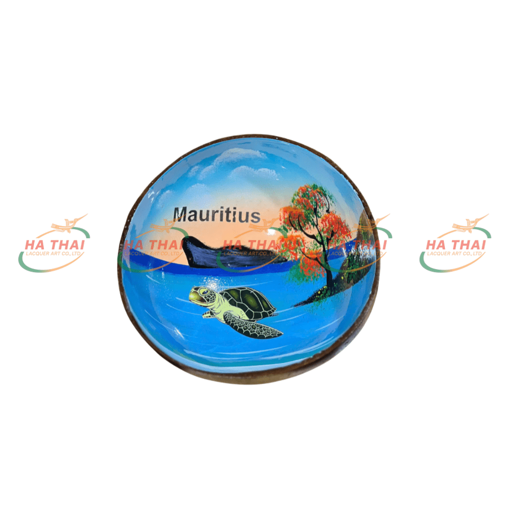 Mauritius Sea Turtle Lacquered Coconut Bowl – Sunset Scene (CB025)